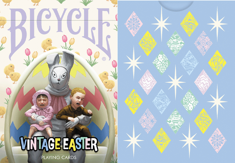 Two product images: one with 'Bicycle Vintage Easter' playing cards and the other with a blue card featuring geometric patterns.