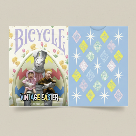 Two product images: one with 'Bicycle Vintage Easter' playing cards and the other with a blue card back featuring geometric patterns.
