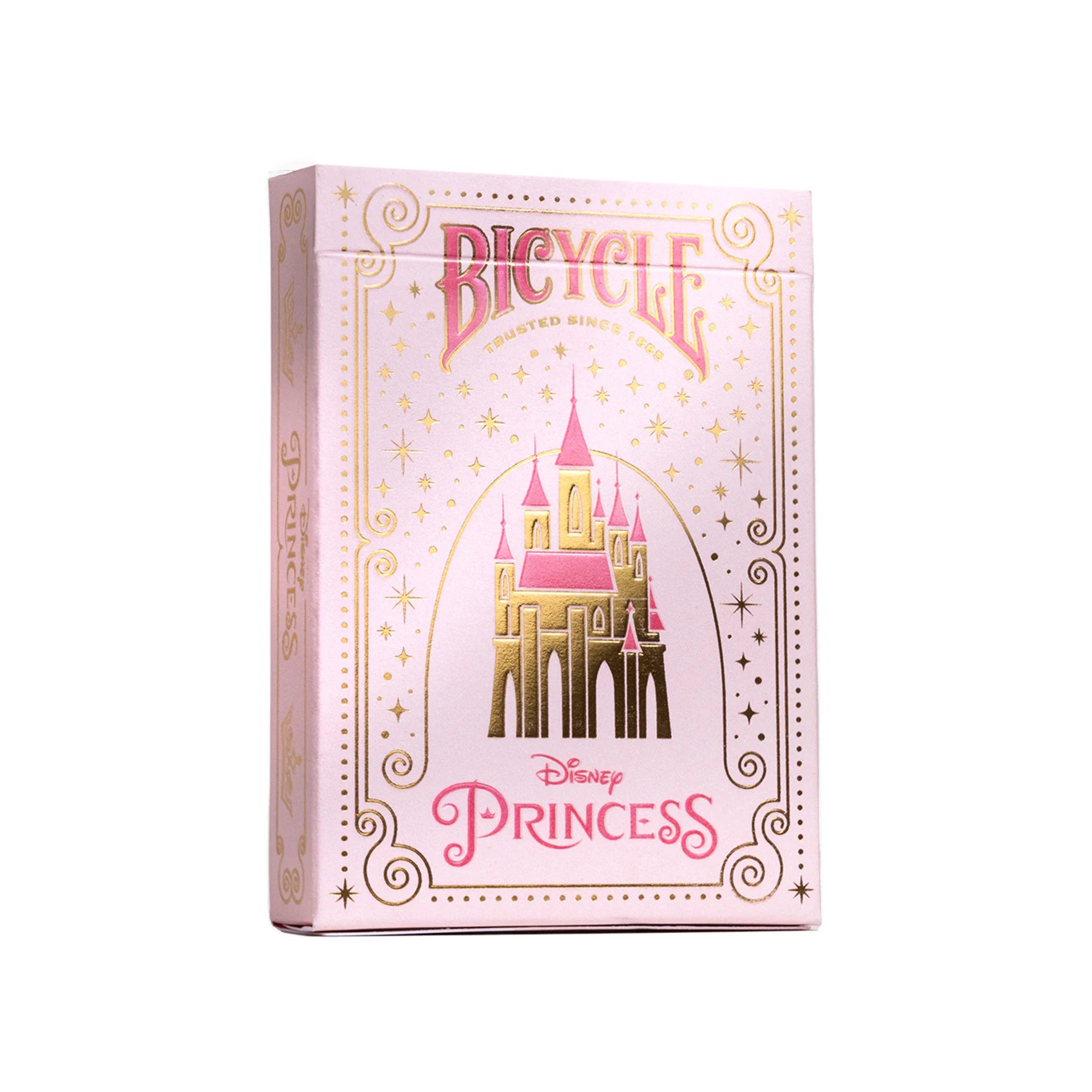 Bicycle Disney Princess playing cards packaging with castle design on a white background