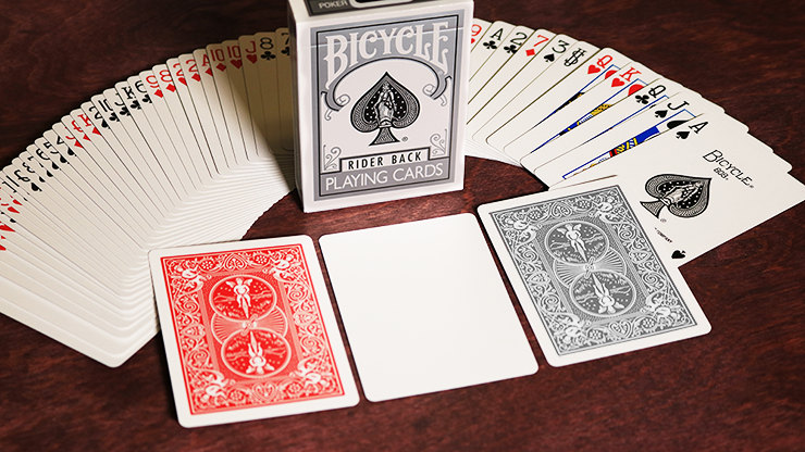 Bicycle Silver Rider Back Playing Cards spread with silver tuck box, silver card back, red Rider Back card, and blank face card