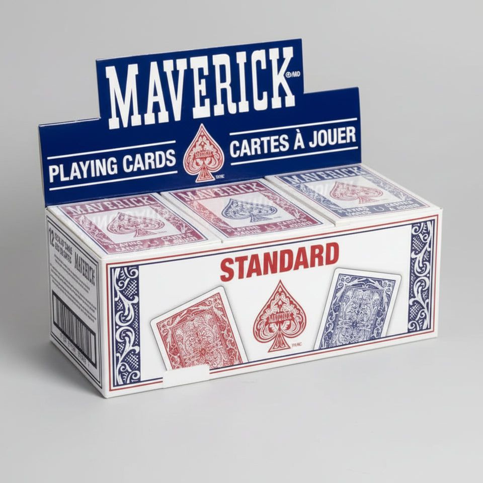 Box of Maverick playing cards with red and blue designs on a white background