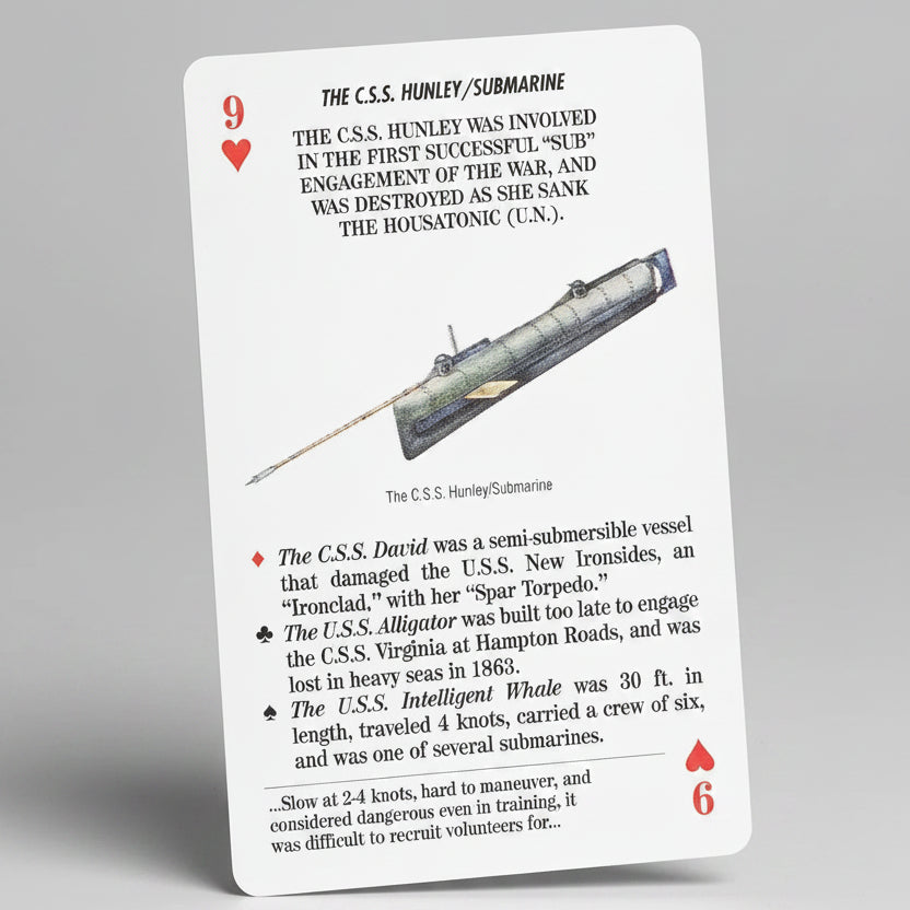 Arms and Armaments of the Civil War Card Game by U.S. Games featuring The C.S.S. Hunley Submarine and the C.S.S. David, the U.S.S. Alligator, and the U.S.S. Intelligent Whale.