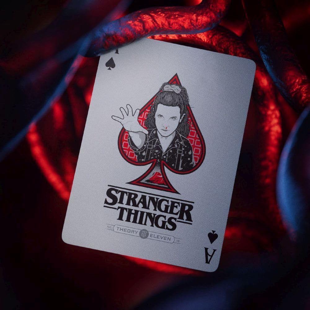 Playing card with 'Stranger Things' design on a dark background