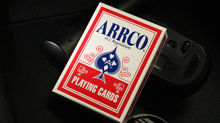 ARRCO playing cards with a red and white design on a dark background