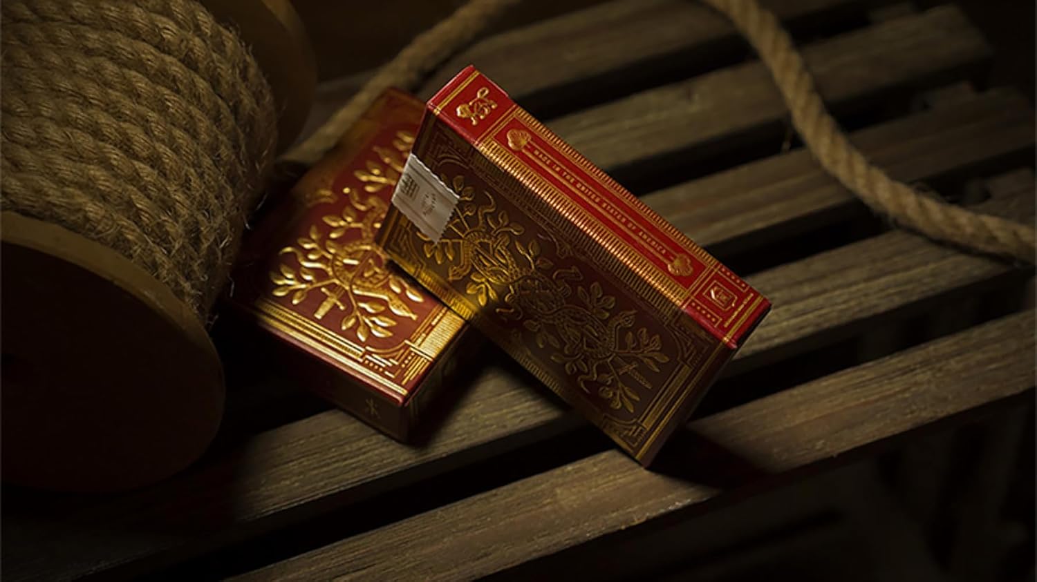 Two ornate leather-bound books on a wooden surface with a rope in the background.