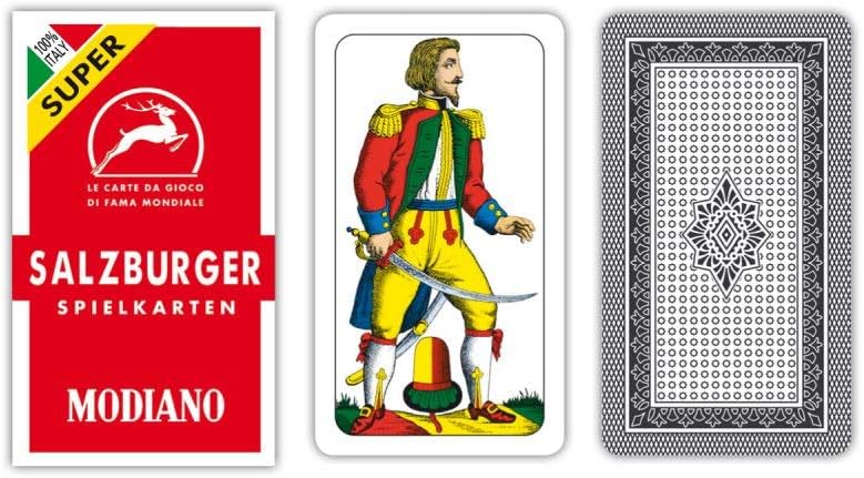 Salzburger Spielkarten playing cards with a red box, character illustration, and black diamond pattern.