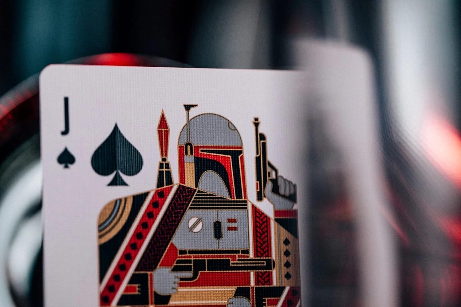 Playing card with Boba Fett design on a blurred background