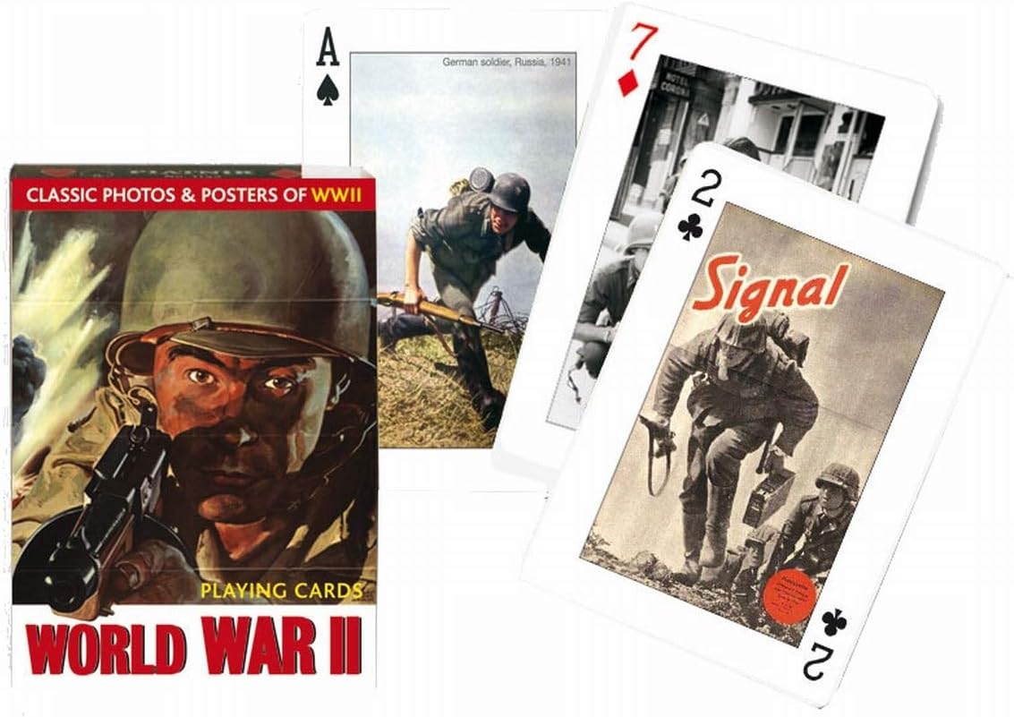 Playing cards themed around World War II with images and text on a white background