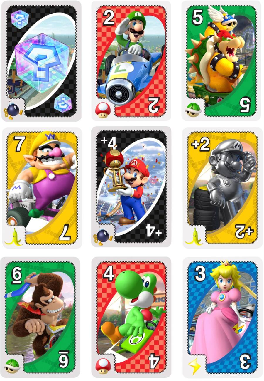 A 3x3 grid of colorful Super Mario-themed UNO cards featuring characters like Mario, Luigi, Bowser, Princess Peach, Yoshi, and others, with card numbers and icons visible on each card.