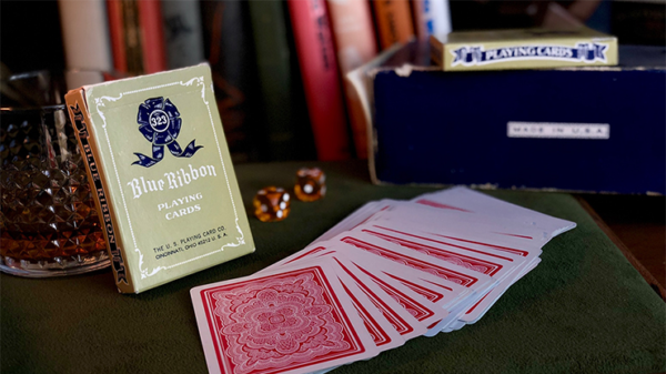 Blue Ribbon playing cards with a box and dice on a table