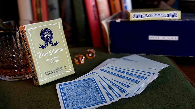 Blue Ribbon playing cards with a box and cards on a table