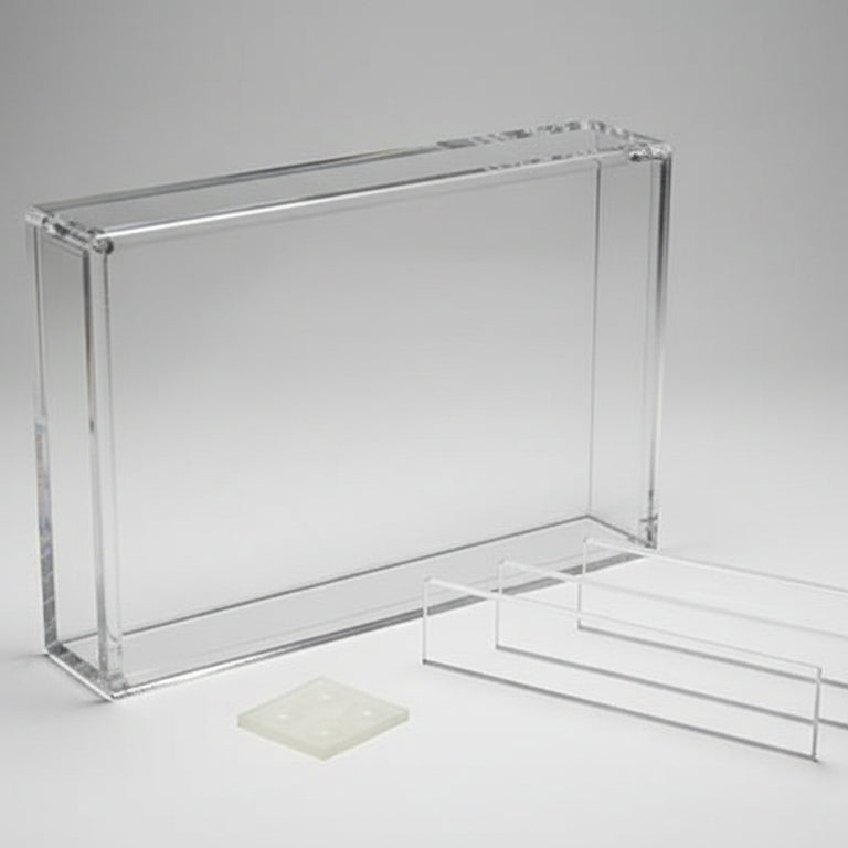 Clear acrylic display case with a black interior on a black background