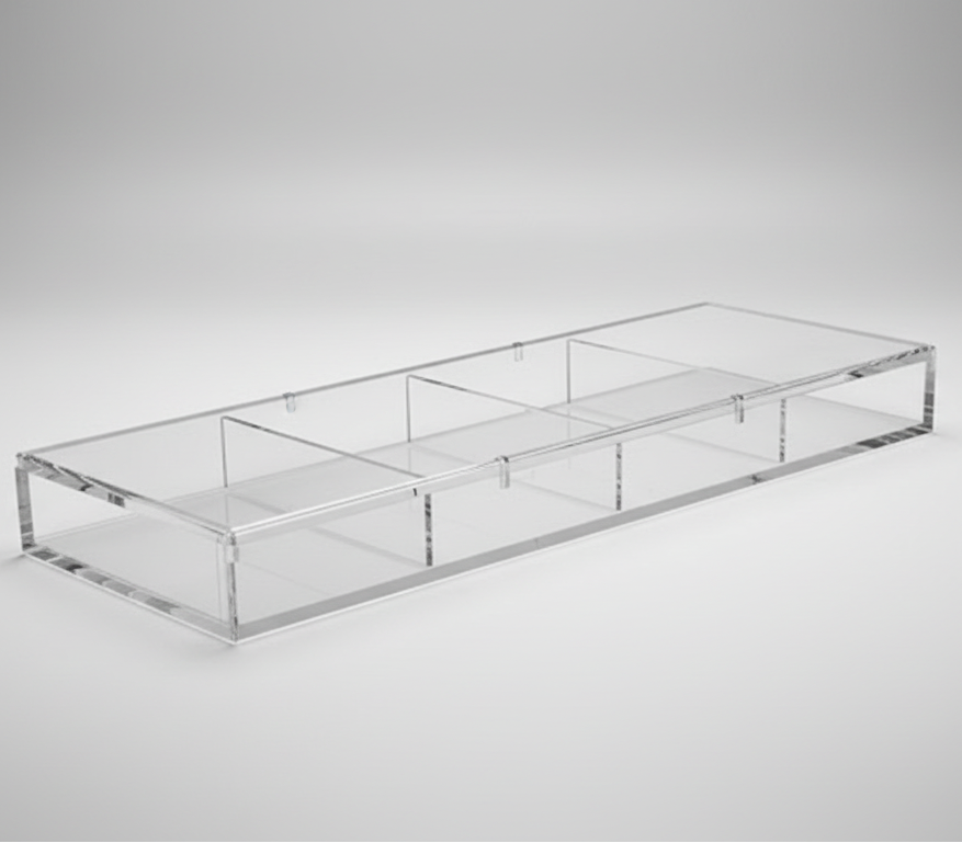 Clear acrylic display tray on a black background