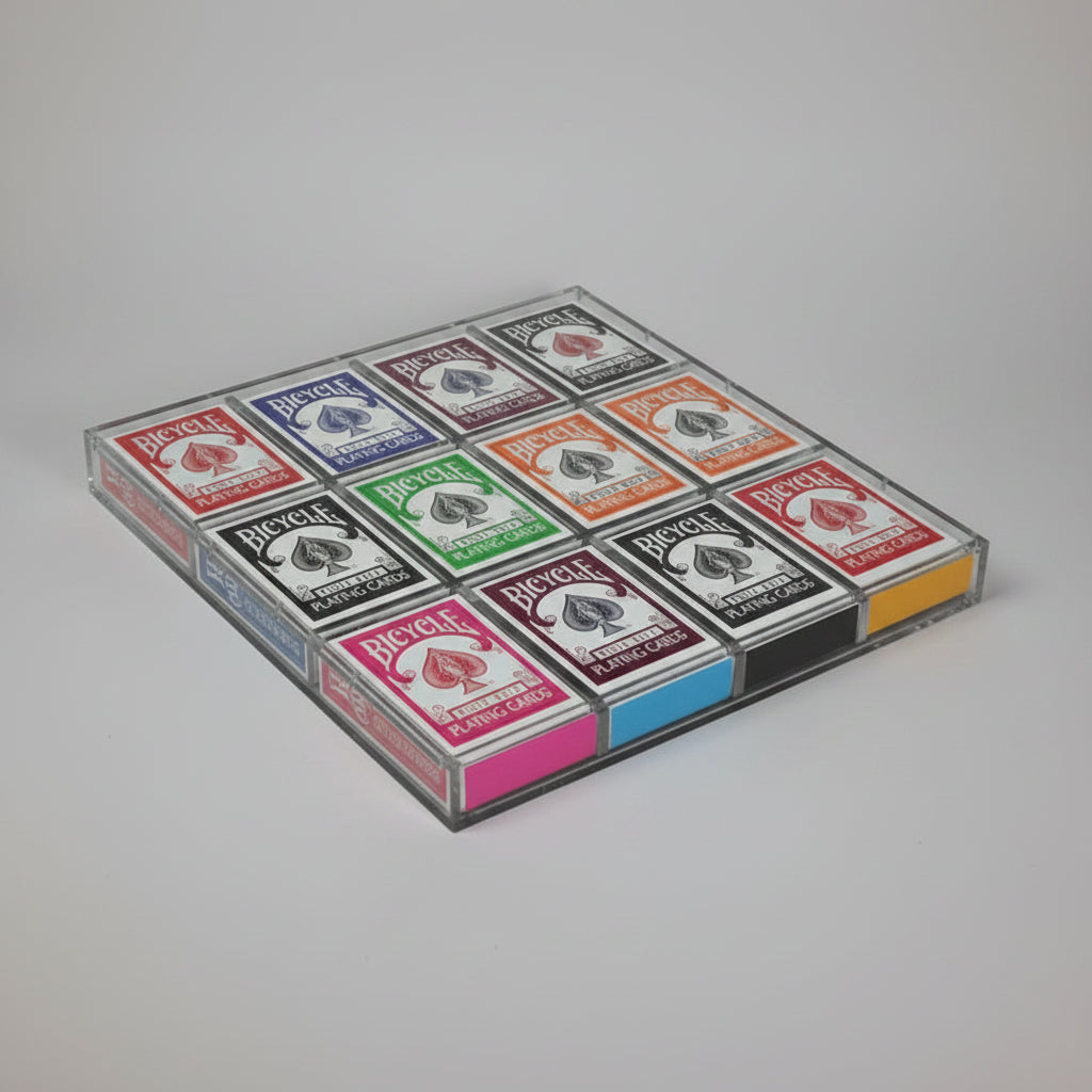 Carat X4x3 Twelve Deck Case displaying 12 Bicycle playing card decks in three rows of four