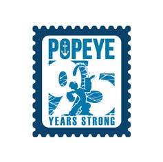 Stylized illustration of a character holding a sword with text 'Popeye 95 Years Strong' on a blue background