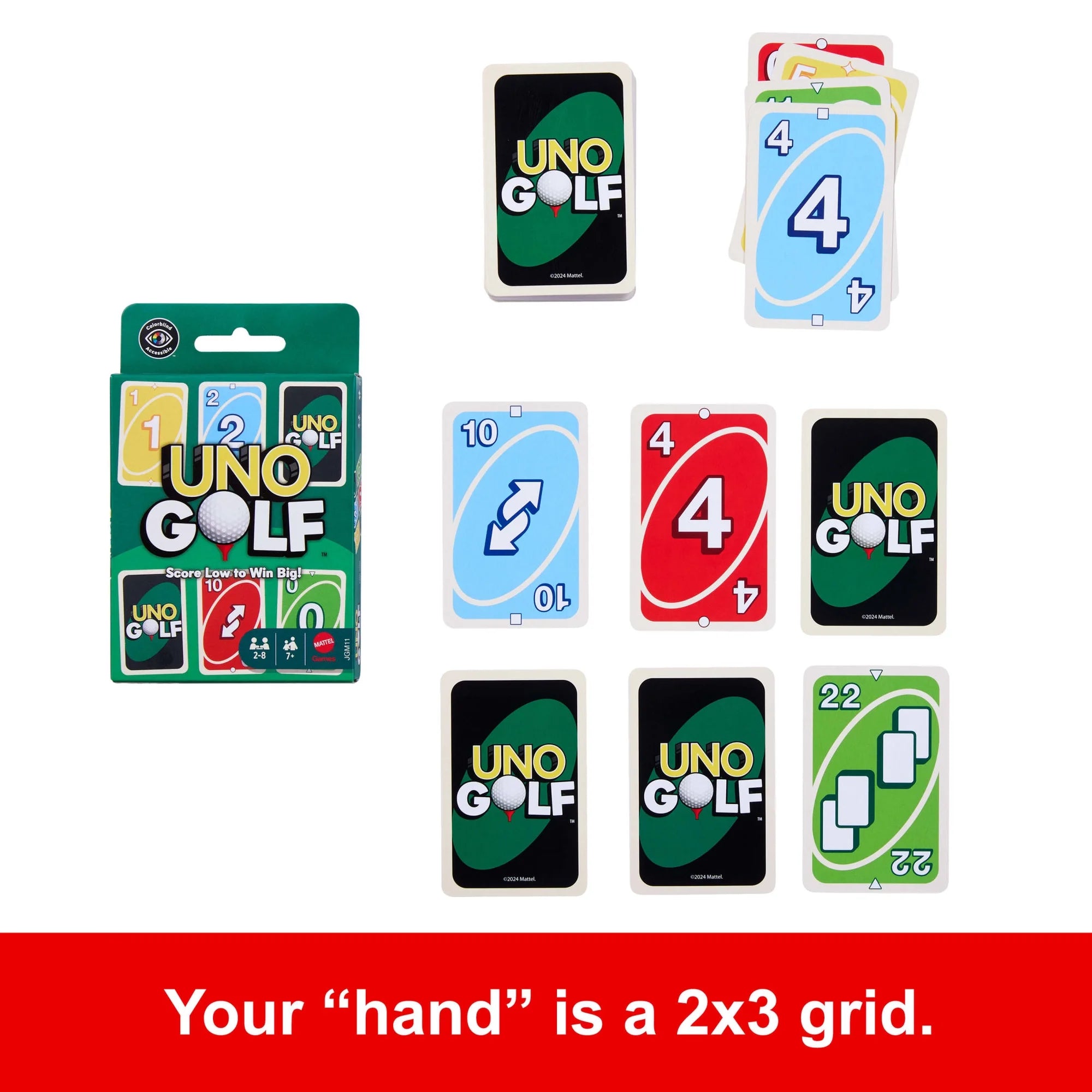 UNO Golf card game packaging and cards on a white background