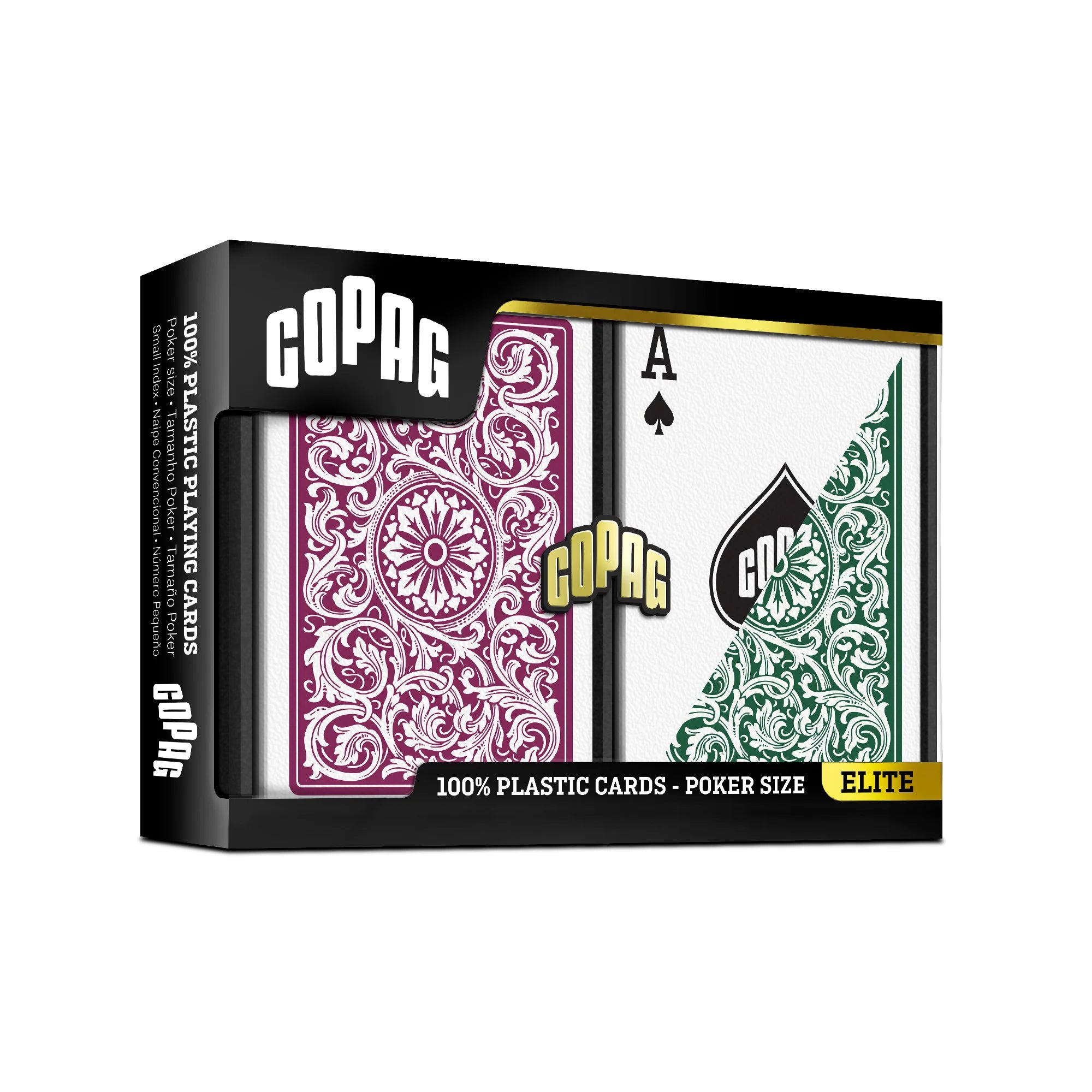 Box of Copag 1546 Poker Size Regular Index (Burgundy & Green) playing cards with two cards displayed on a white background