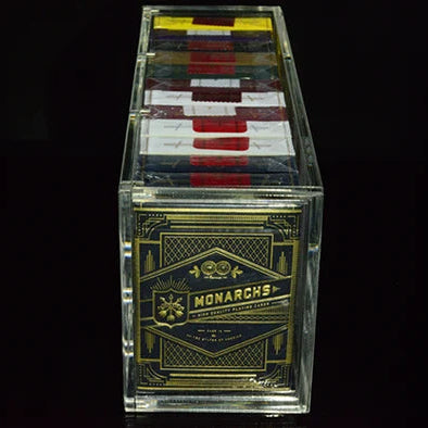 End view of Carat X12 Brick Case showing a Monarch playing card tuck through the clear acrylic