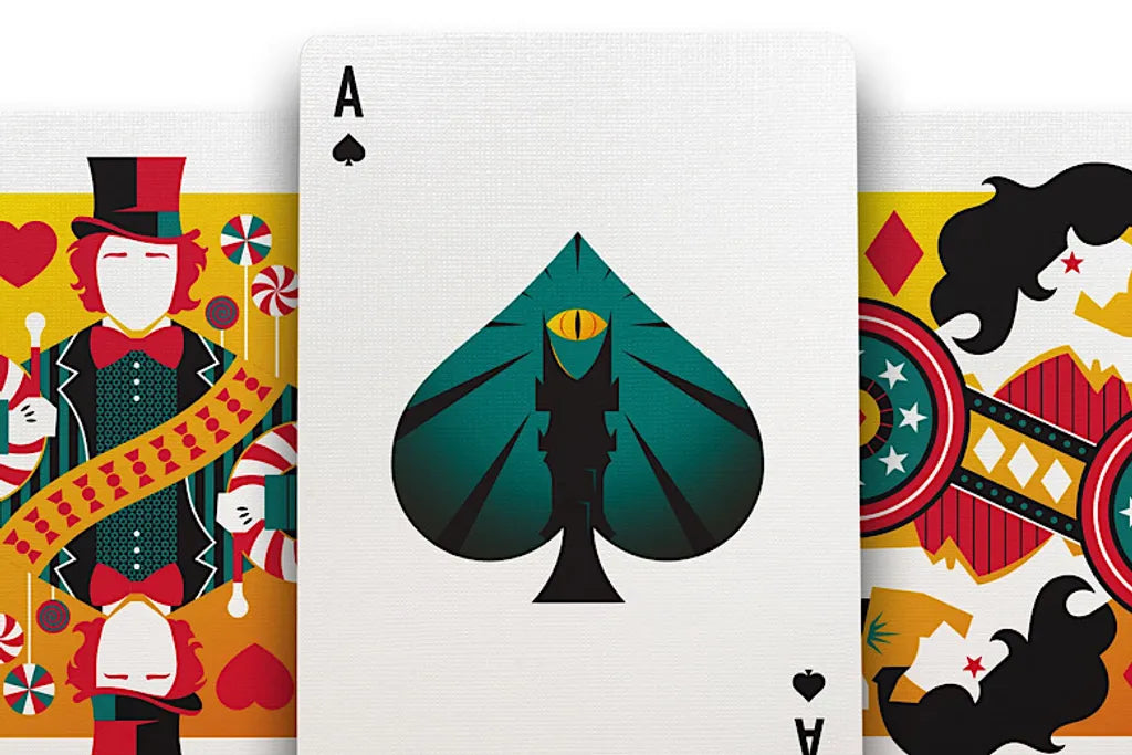 Playing card with ace of spades design featuring a colorful border.