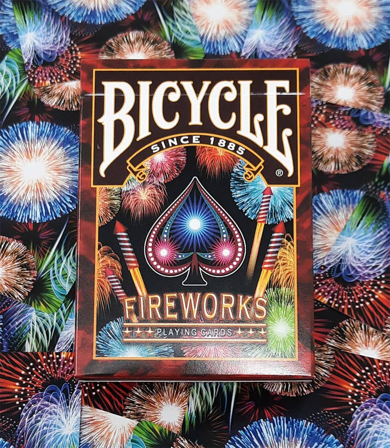 Bicycle Fireworks playing cards with fireworks design in the background