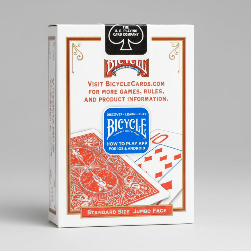 Bicycle playing cards packaging with branding and product information.
