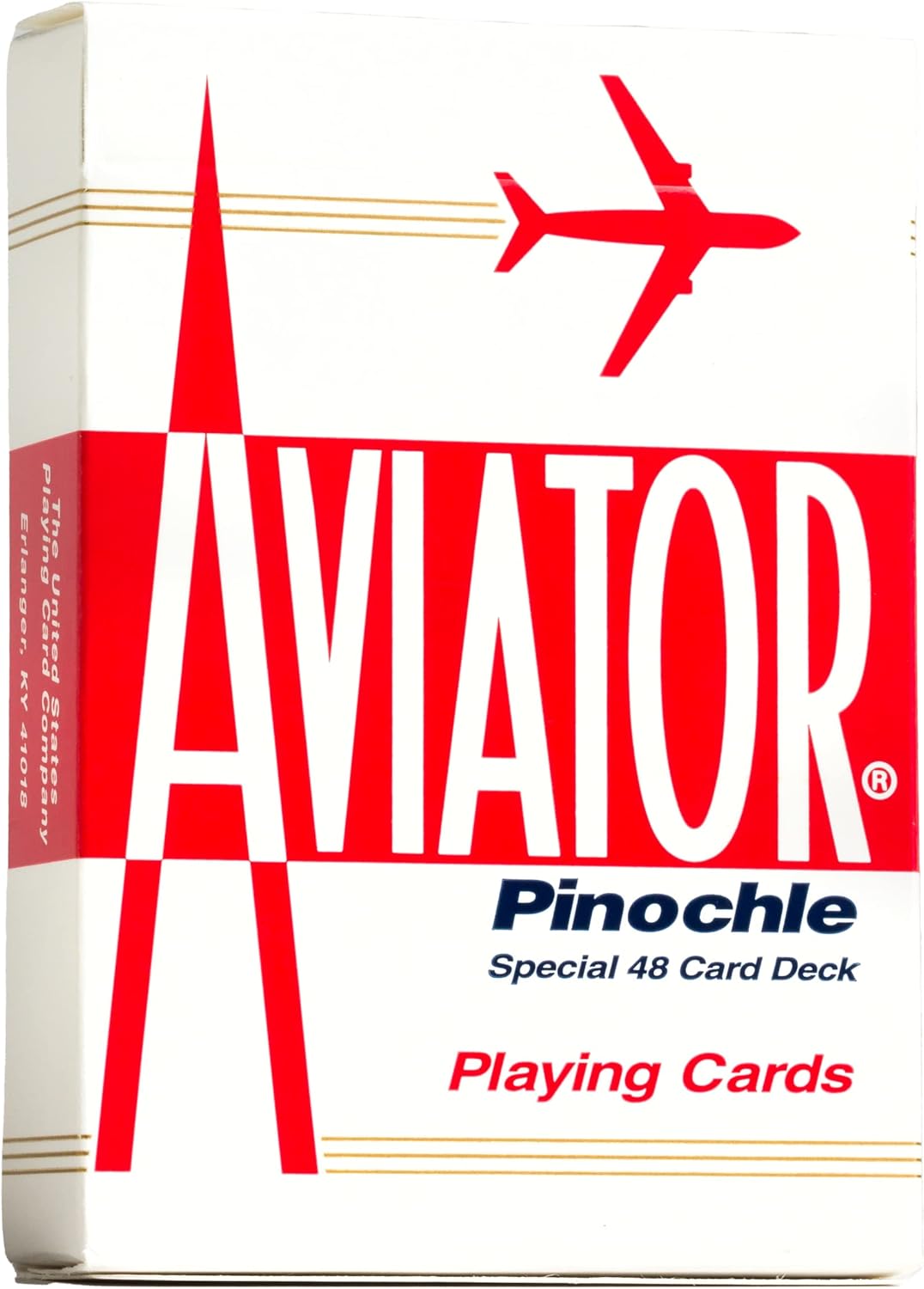 Aviator Pinochle playing cards packaging with red airplane logo on a white background