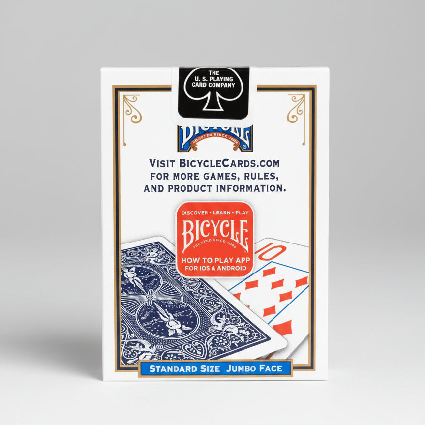 Bicycle playing cards packaging with branding and product information.