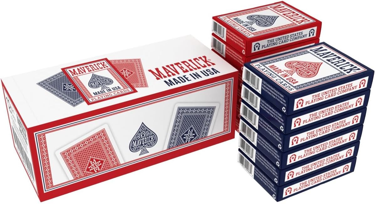 Red and blue playing card boxes with 'Maverick' branding on a white background