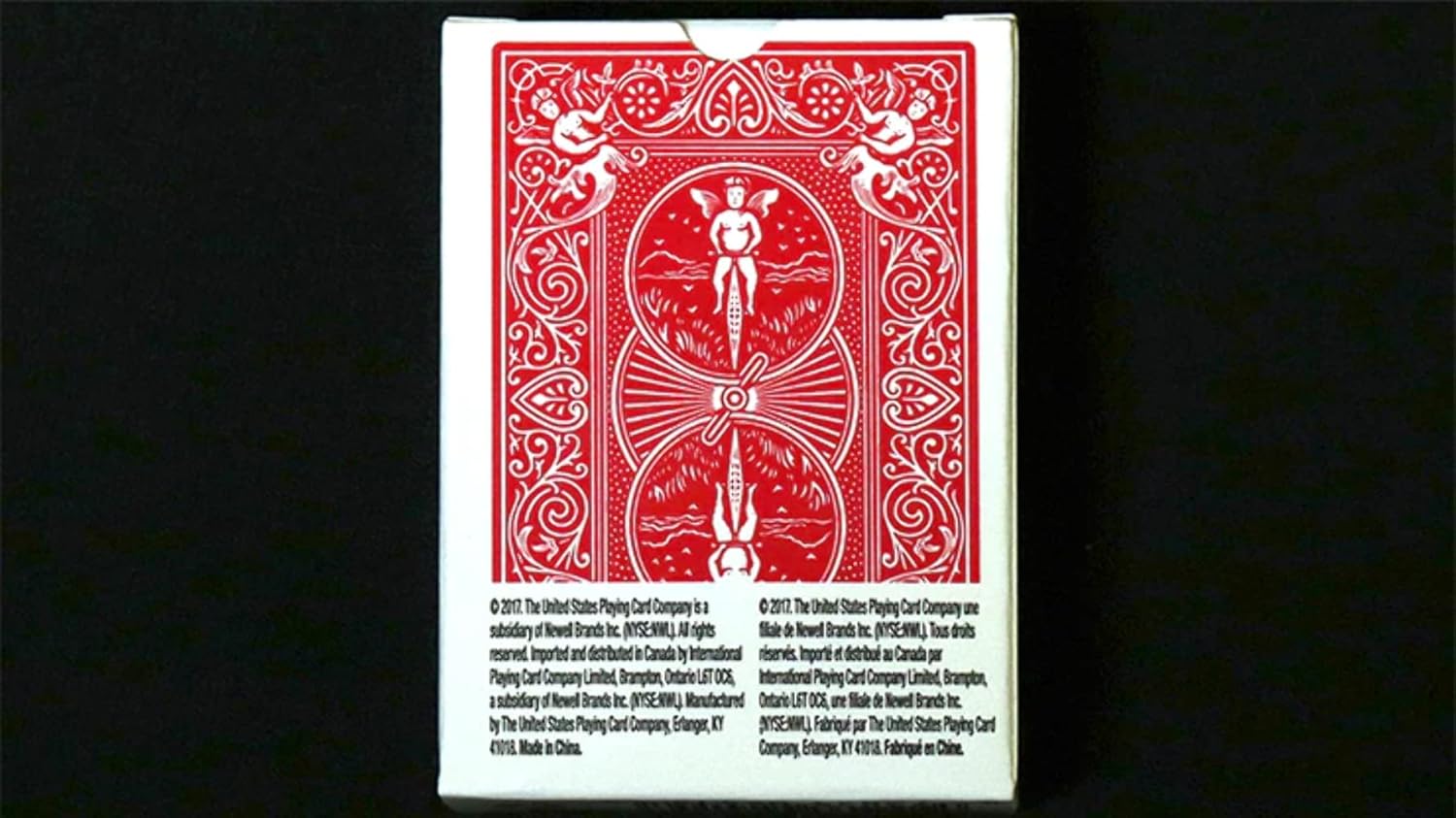 Red Bicycle mini playing card with a white border on a black background