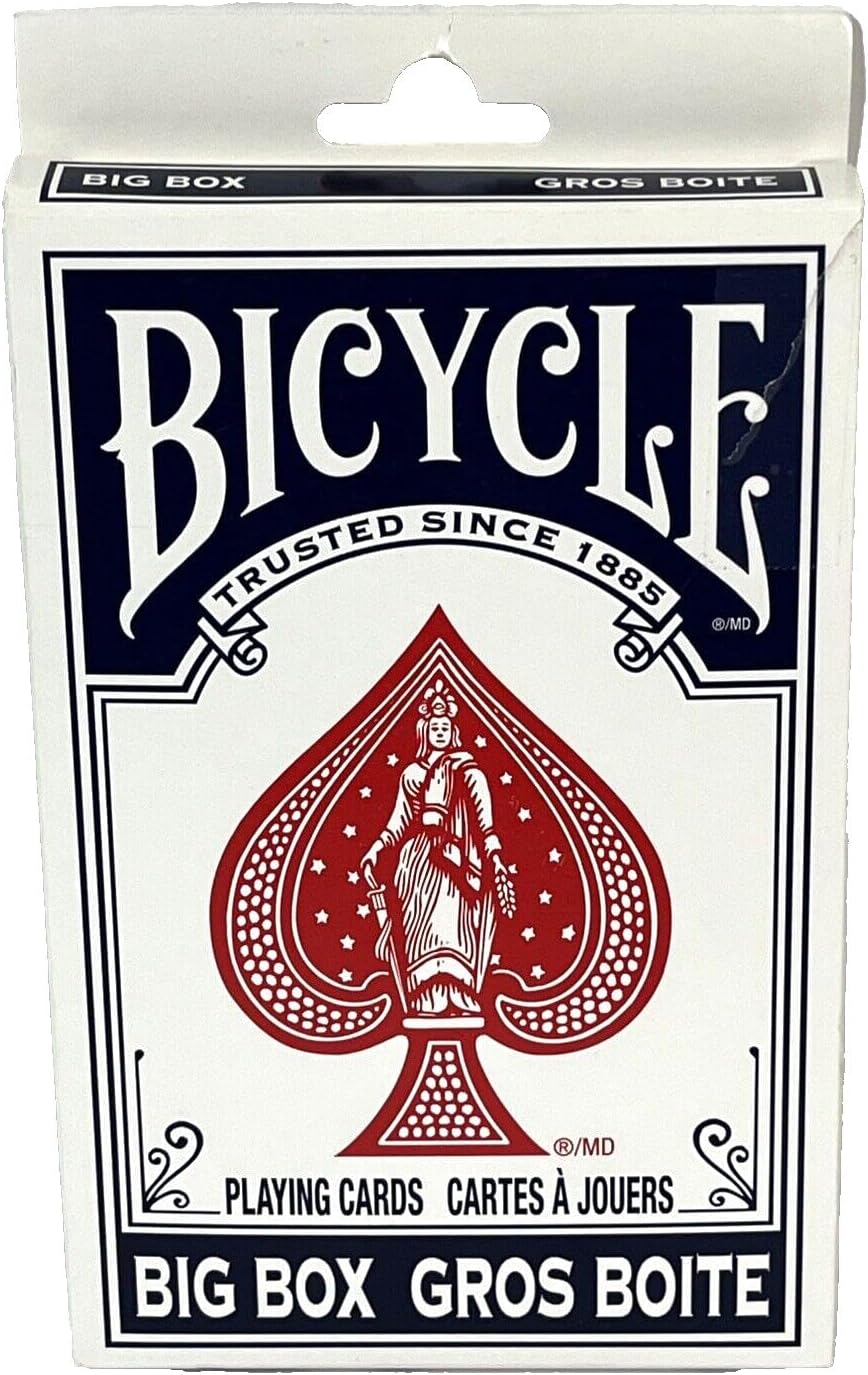 Bicycle Big Box playing cards in a large box package, featuring the classic red spade with a queen illustration on a white background with navy blue lettering.