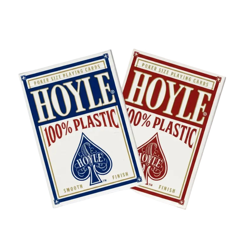 Two packs of Hoyle 100% plastic playing cards on a white background