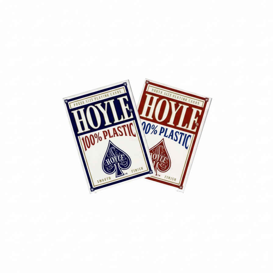 Two packs of Hoyle 100% plastic playing cards on a white background