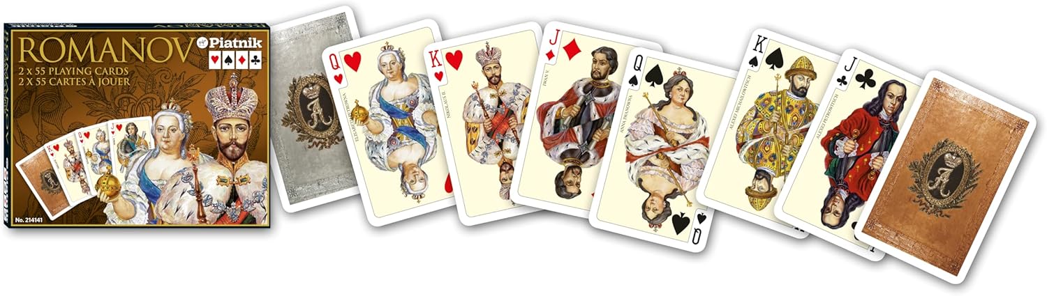 Romanov playing cards with illustrated characters and a box in the background