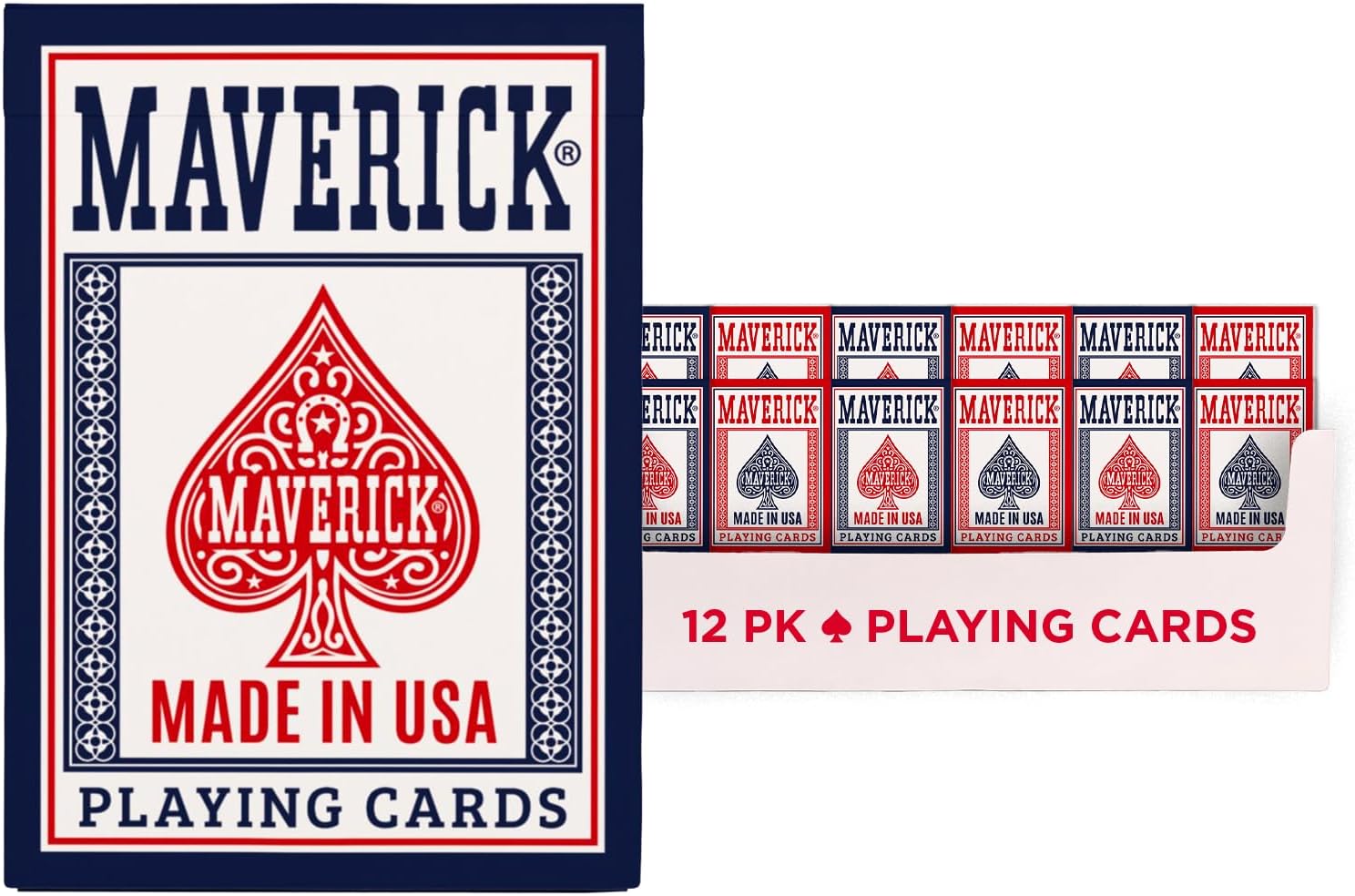 Maverick playing cards made in USA packaging with red and blue design.