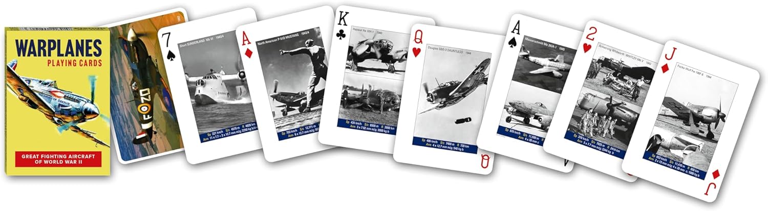 Piatnik Warplanes playing cards showing Spitfire, Mustang, Heinkel, Dauntless and other WWII aircraft