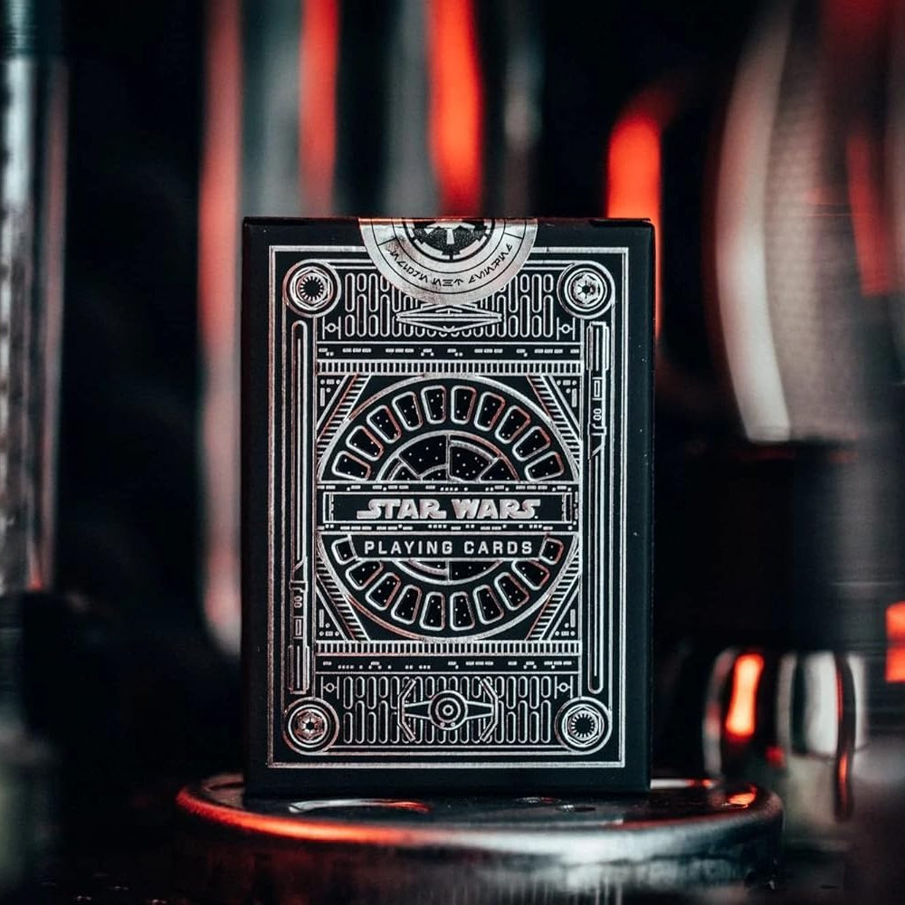 Star Wars playing cards in a black holder with a blurred background