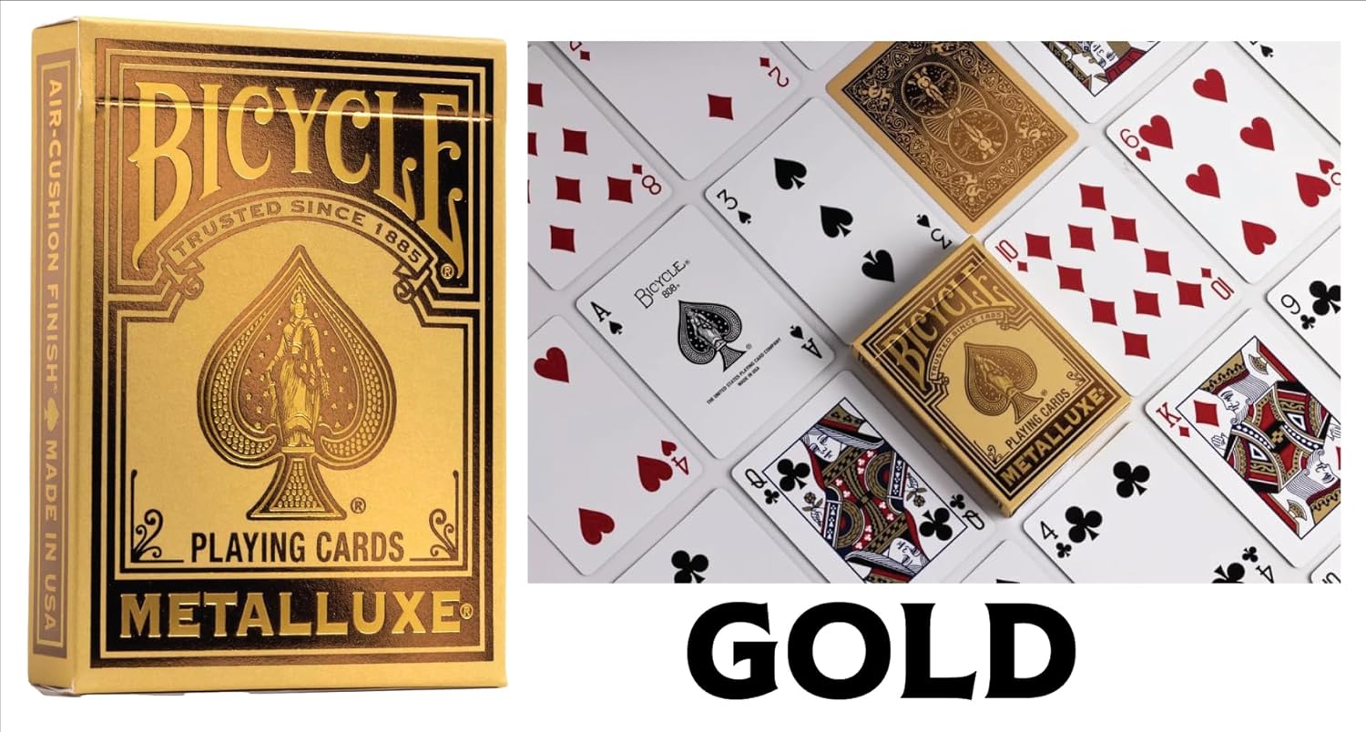 Bicycle Metalluxe Gold playing cards with packaging and cards displayed.