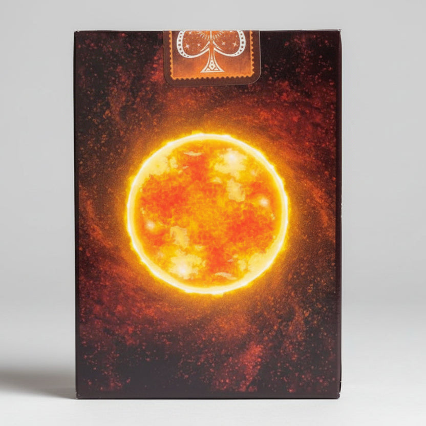 Cardboard box with a fiery design and a logo at the top