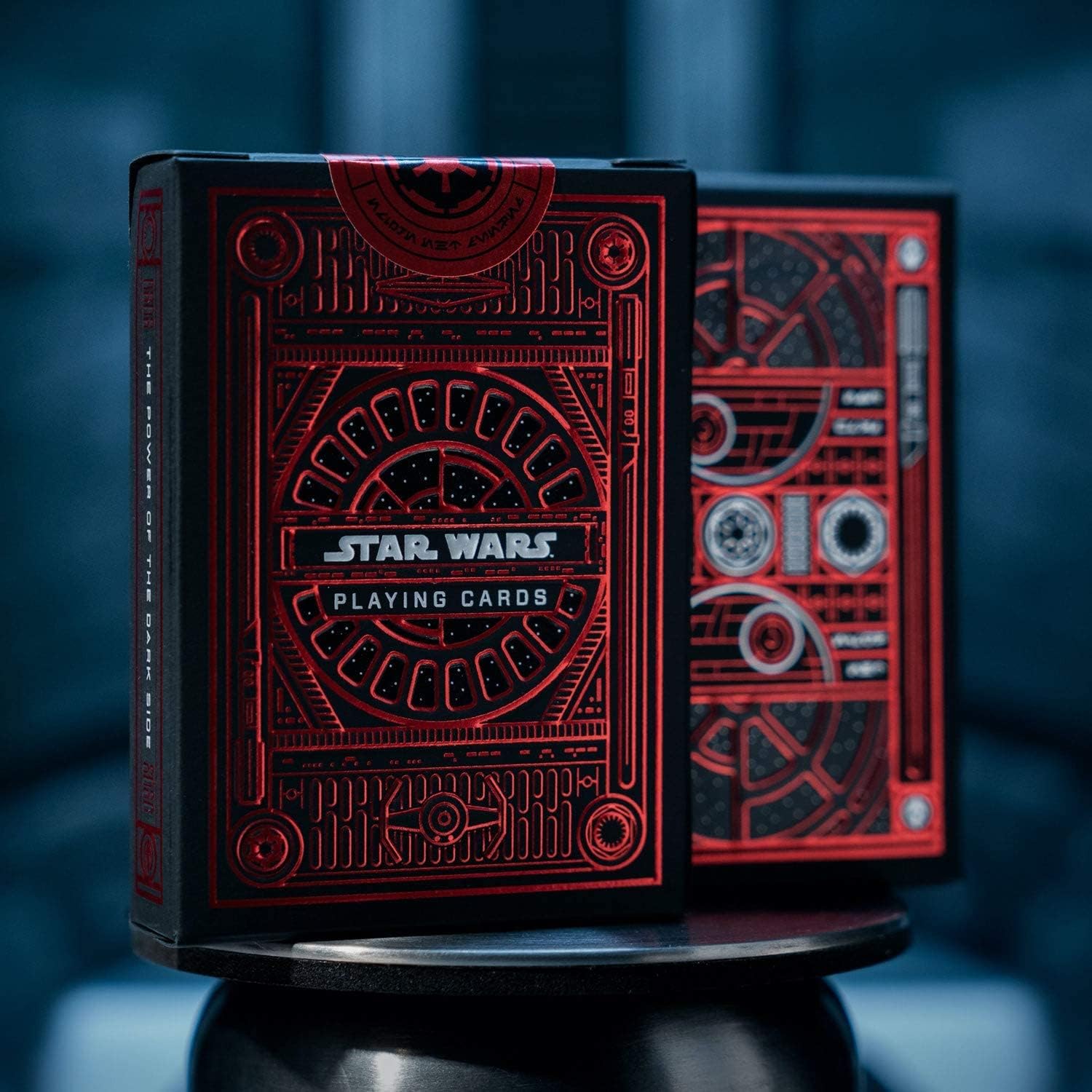 Red and black 'Star Wars' playing card box on a dark background
