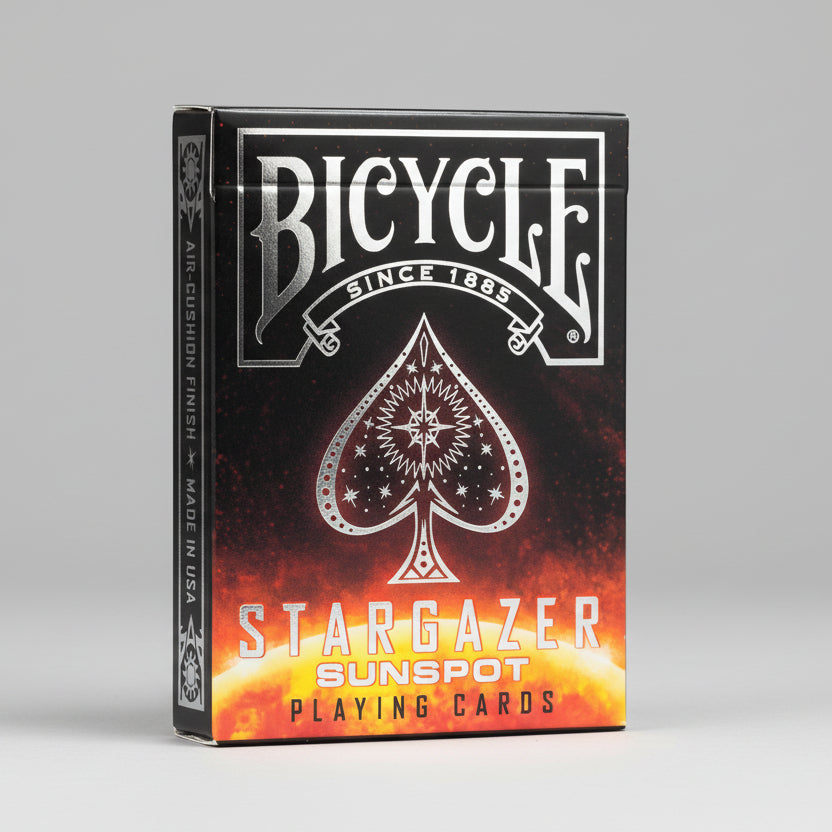 Bicycle Stargazer Sunspot playing cards packaging with black and red design.