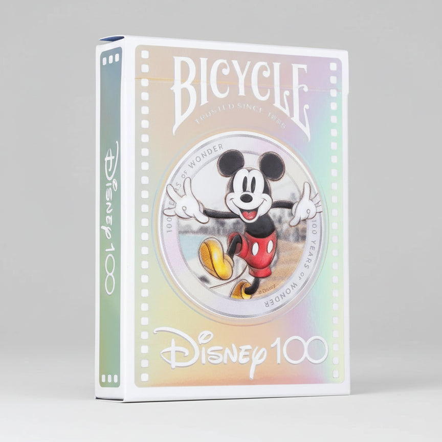 Bicycle Disney 100th Anniversary playing cards packaging with Mickey Mouse illustration.