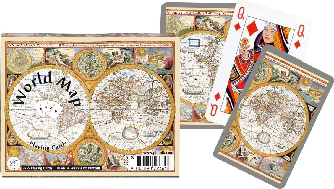 World map-themed playing cards with a box labeled 'World Map Playing Cards'.