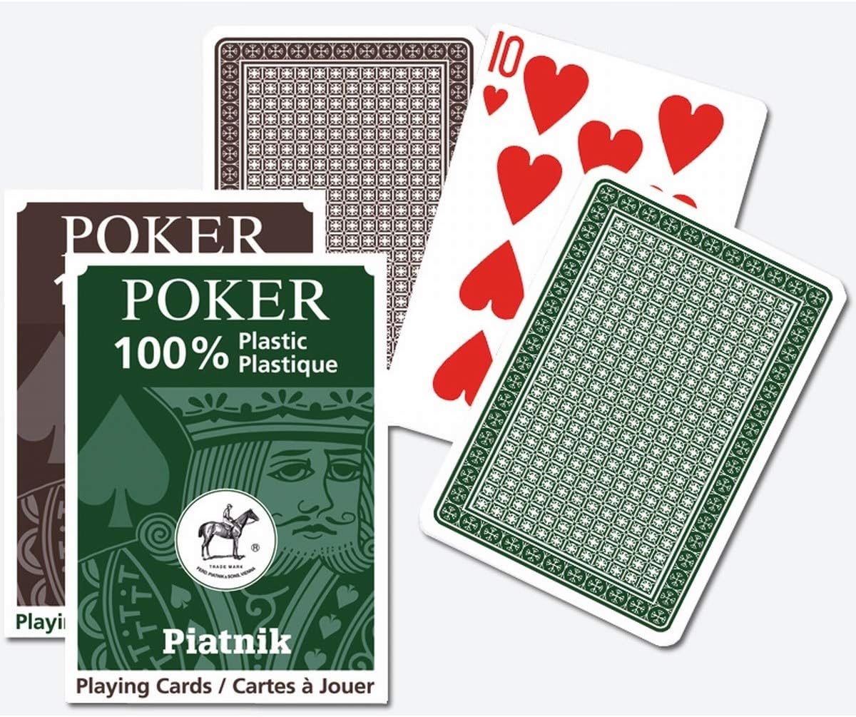 Piatnik poker 100% plastic playing cards with a green card and packaging on a white background