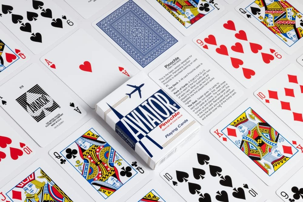 Playing cards with a focus on the 'Aviator brand packaging.