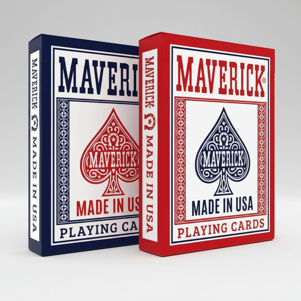 Two boxes of Maverick playing cards, one blue and one red, with the brand name and 'Made in USA' text on the packaging.