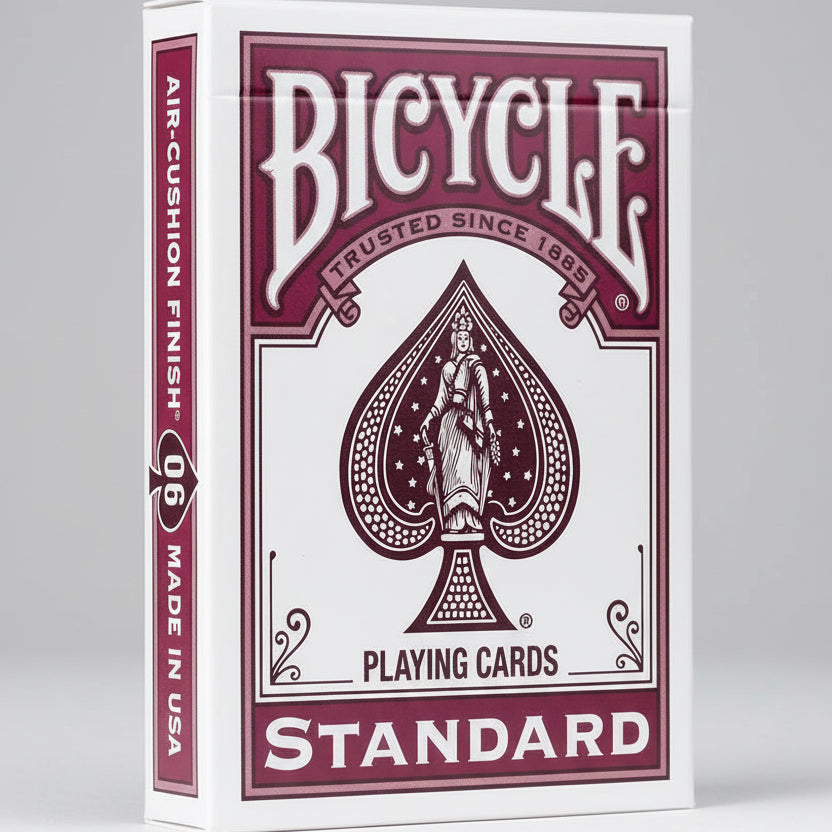 Bicycle playing cards packaging with burgundy and white design