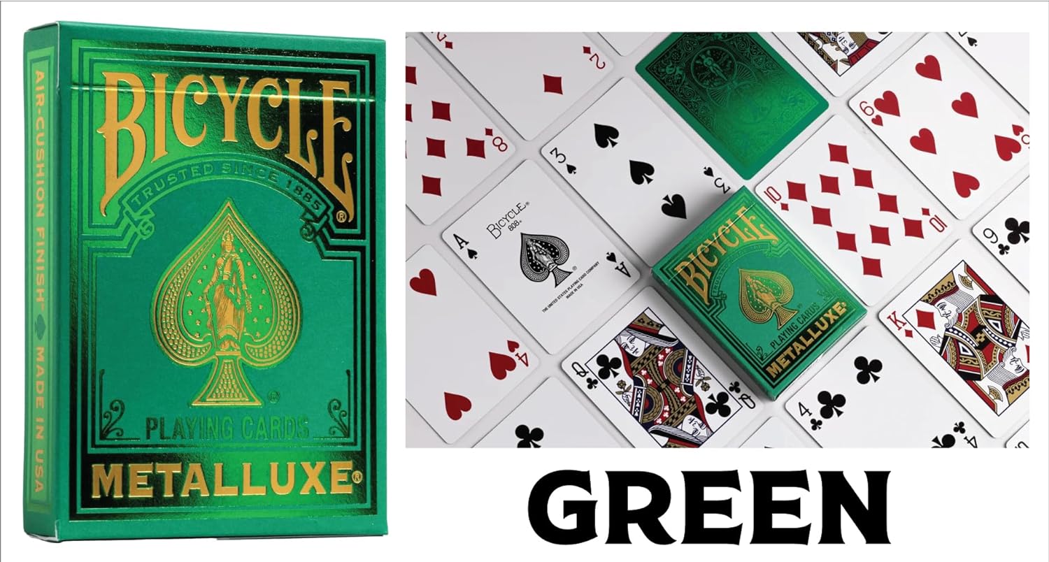 Green Bicycle Metalluxe playing cards with packaging and cards spread out.