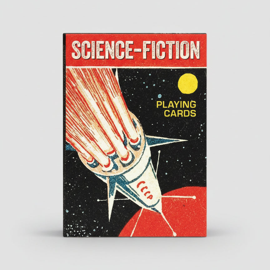 Science fiction playing cards with rocket ship design on a black background