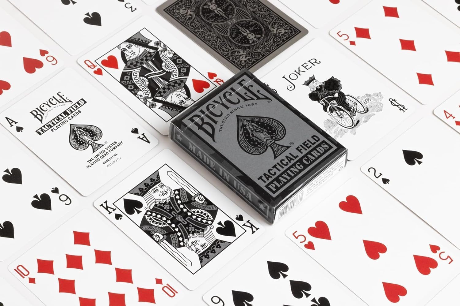 Bicycle Tactical Field Special Ops Black playing cards with tuck box, card backs, courts, ace of spades, and jokers