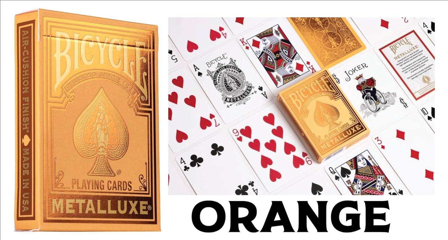 Bicycle Metalluxe Orange playing cards with packaging and cards displayed.
